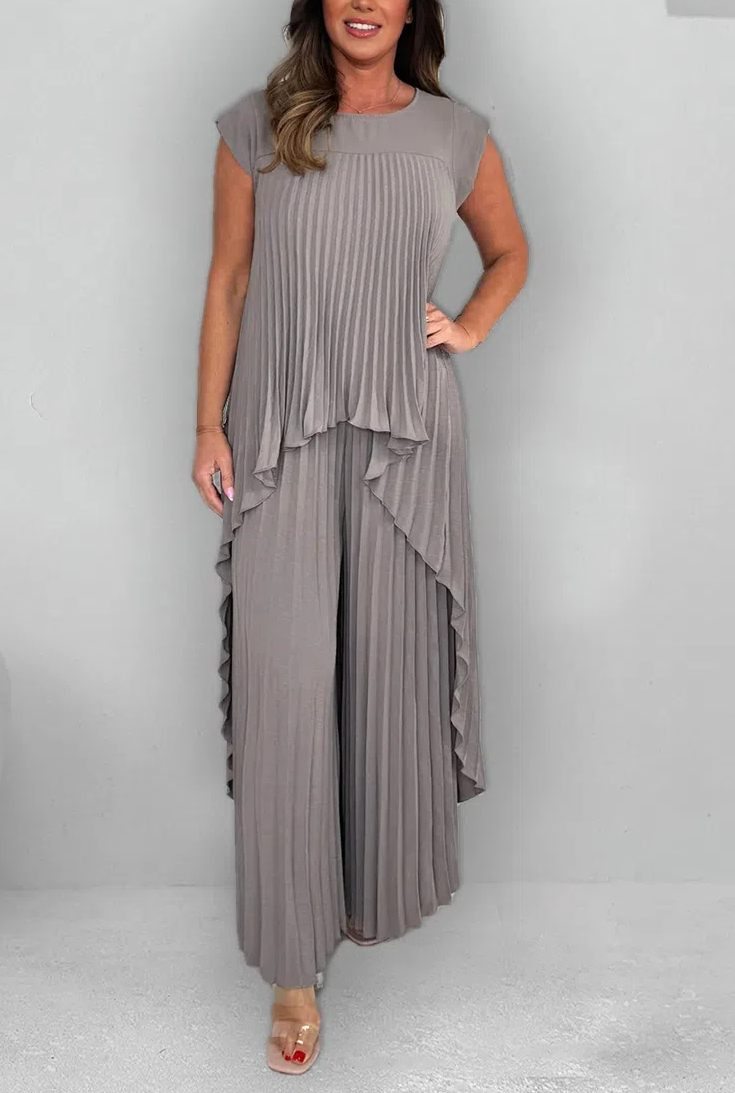 Women's Round Neck Splicing Pleated Irregular Casual Suit