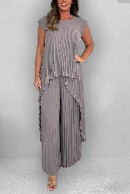 Women's Round Neck Splicing Pleated Irregular Casual Suit