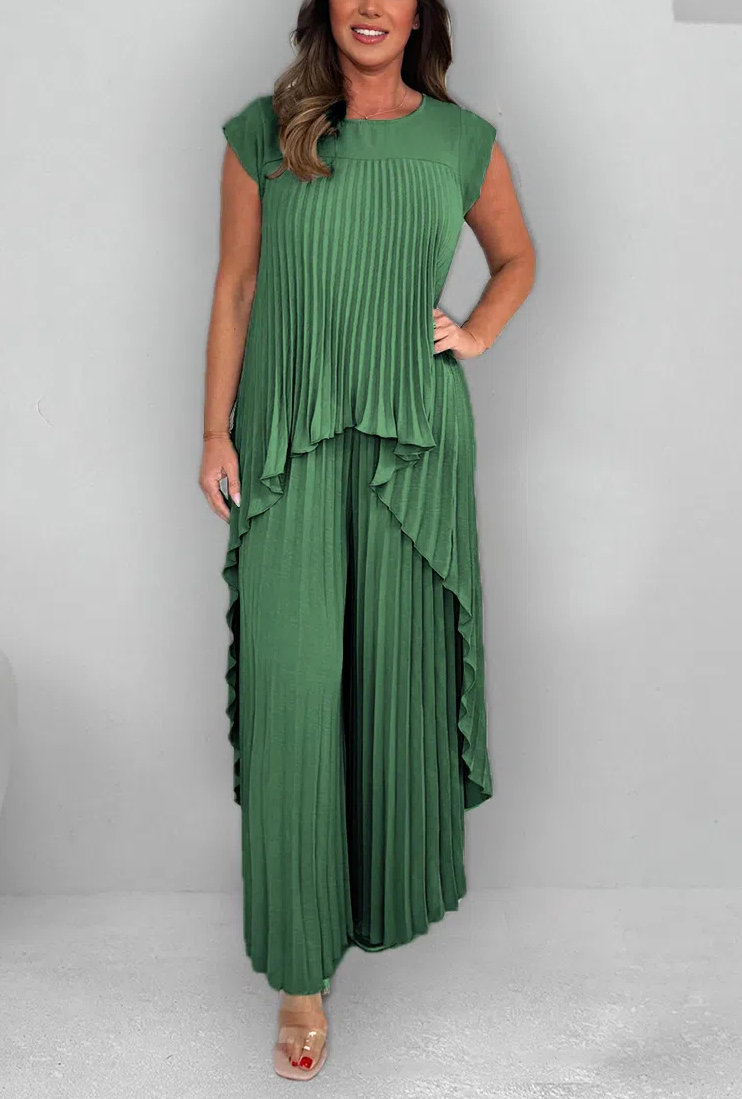 Women's Round Neck Splicing Pleated Irregular Casual Suit