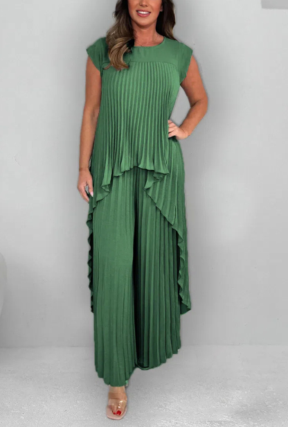 Women's Round Neck Splicing Pleated Irregular Casual Suit