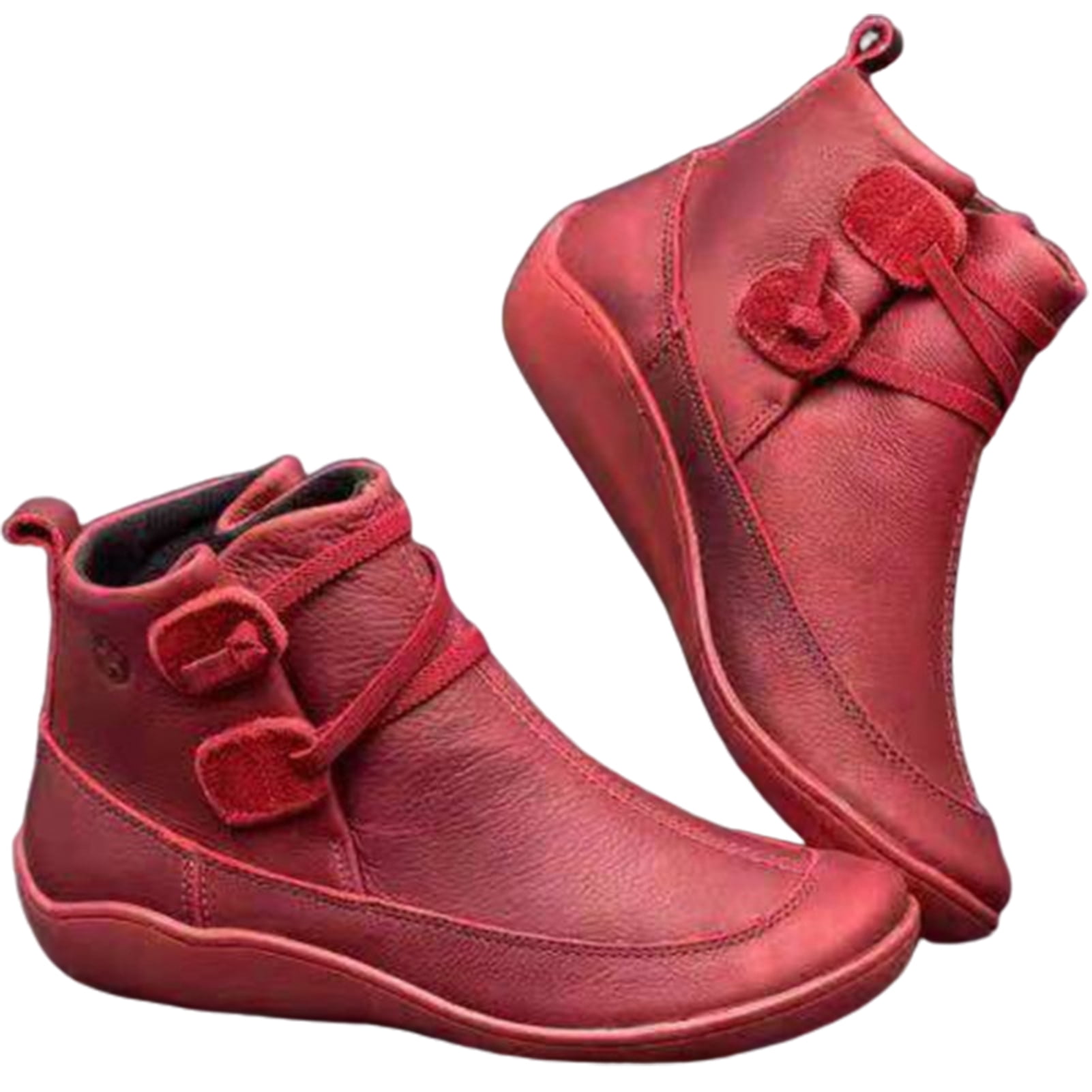 Women Faux Leather Lace Up Low Heel Flat Ankle Boots Plush Liner Warm Shoes