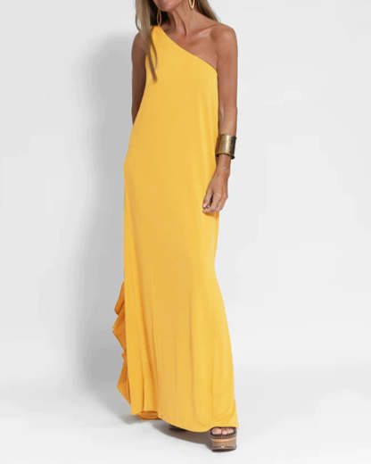 Elegant Solid Color One Shoulder Maxi Dress