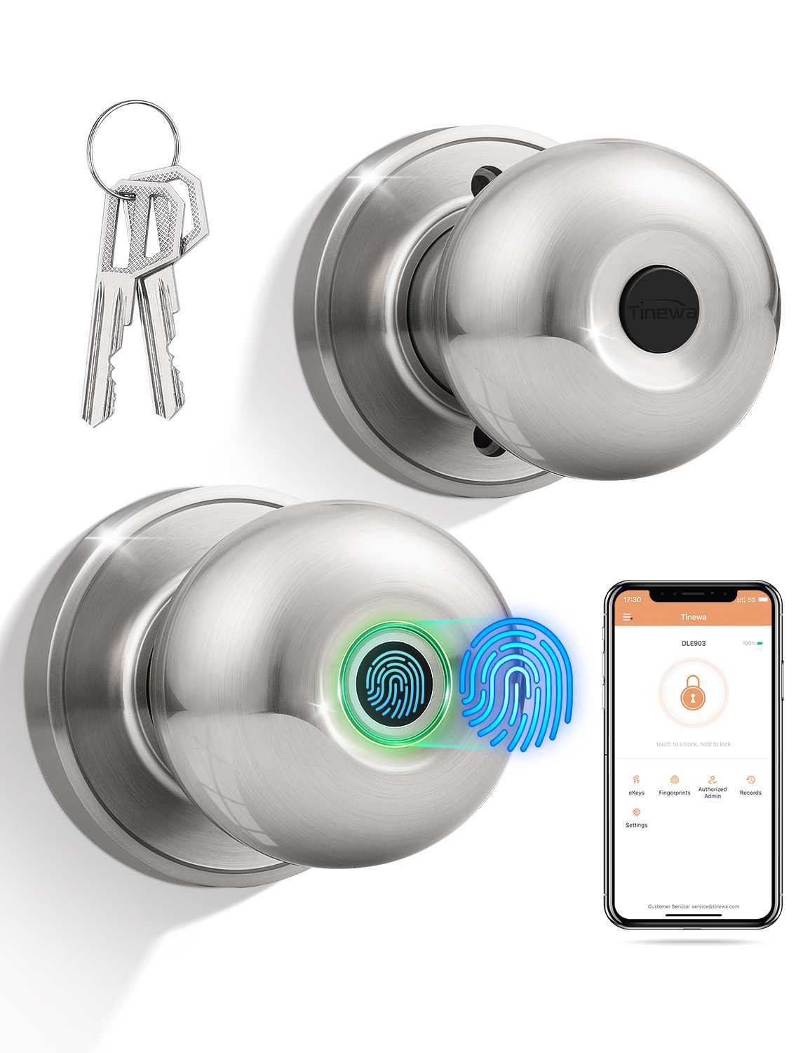 Smart Door knob, Fingerprint Smart Lock Biometric Door knob with App Control, Great for Bedrooms,Cloakroom,Apartments Offices, Hotels, Satin Nickel
