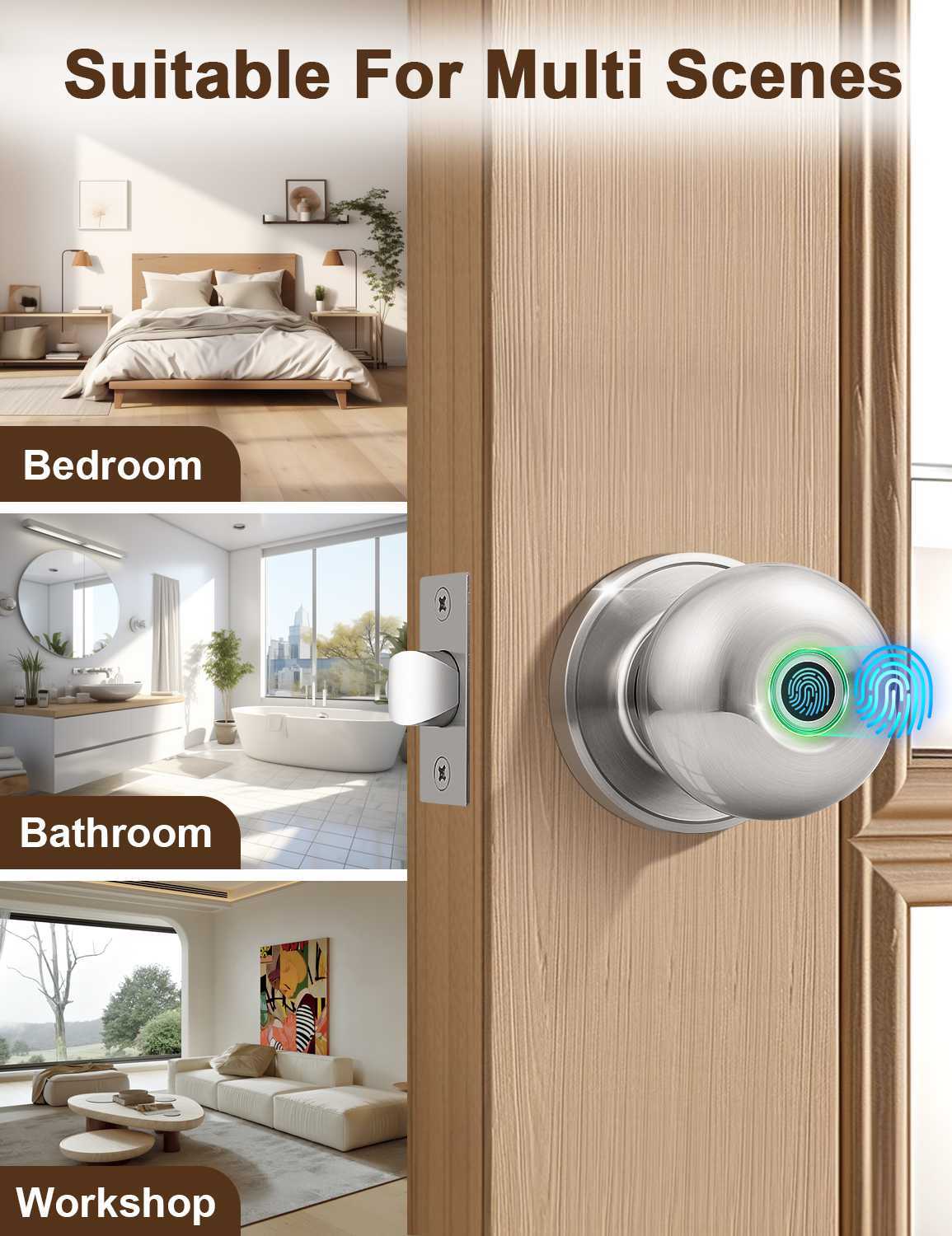 Smart Door knob, Fingerprint Smart Lock Biometric Door knob with App Control, Great for Bedrooms,Cloakroom,Apartments Offices, Hotels, Satin Nickel