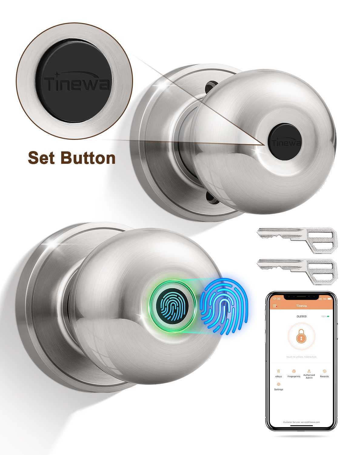 Smart Door knob, Fingerprint Smart Lock Biometric Door knob with App Control, Great for Bedrooms,Cloakroom,Apartments Offices, Hotels, Satin Nickel