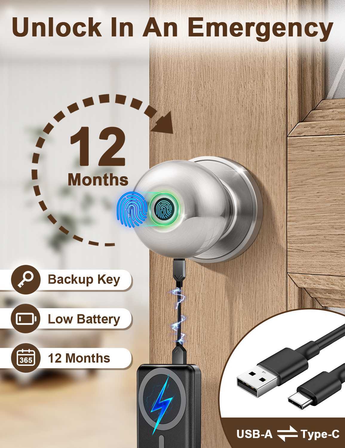 Smart Door knob, Fingerprint Smart Lock Biometric Door knob with App Control, Great for Bedrooms,Cloakroom,Apartments Offices, Hotels, Satin Nickel