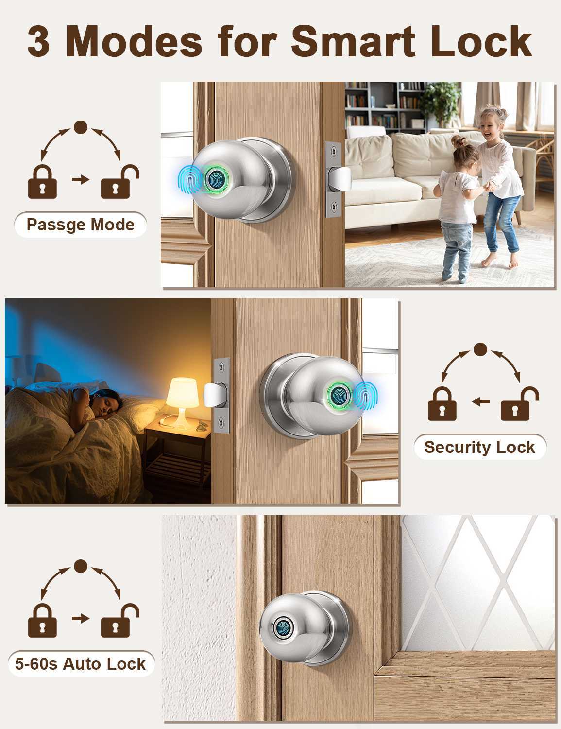 Smart Door knob, Fingerprint Smart Lock Biometric Door knob with App Control, Great for Bedrooms,Cloakroom,Apartments Offices, Hotels, Satin Nickel