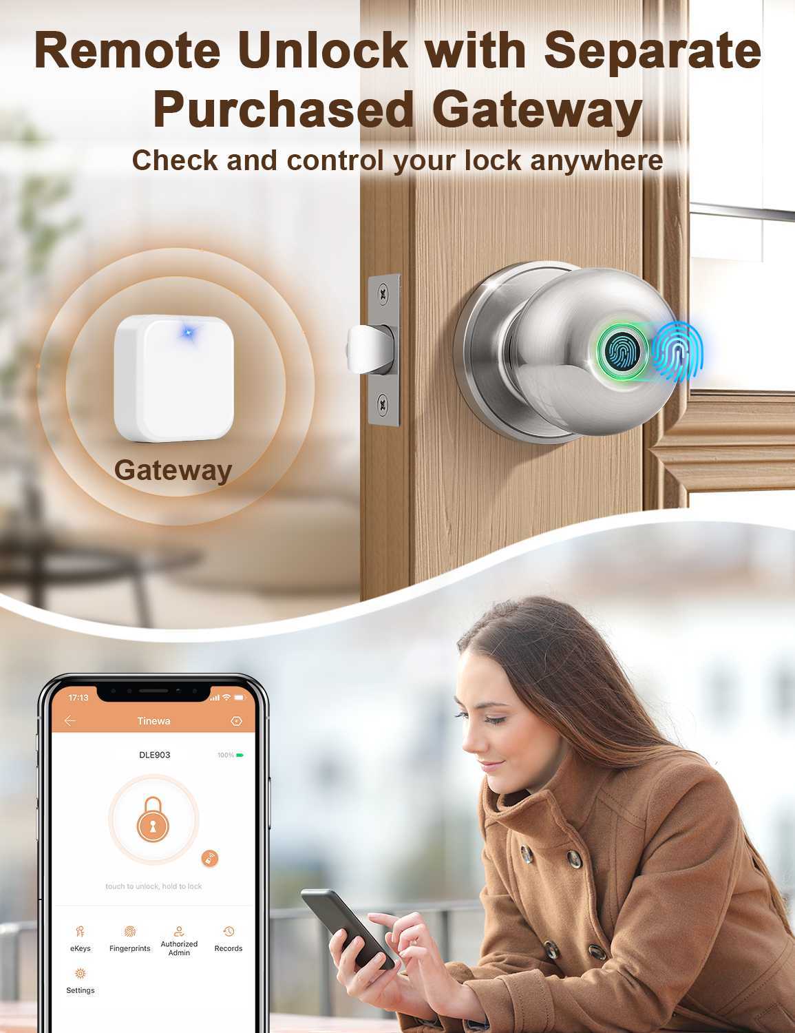 Smart Door knob, Fingerprint Smart Lock Biometric Door knob with App Control, Great for Bedrooms,Cloakroom,Apartments Offices, Hotels, Satin Nickel
