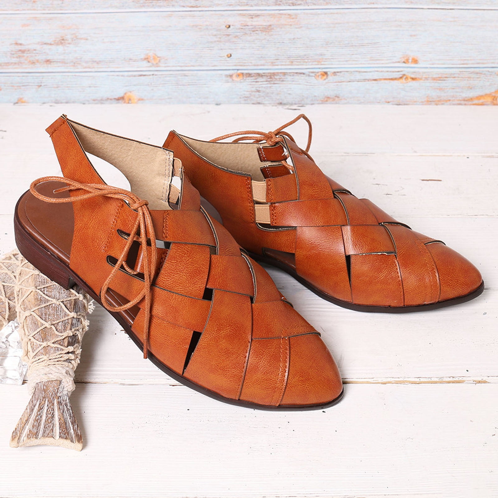 Women's Casual Hollow Side Lace Up Leather Woven Back Low Heel Roman Sandals