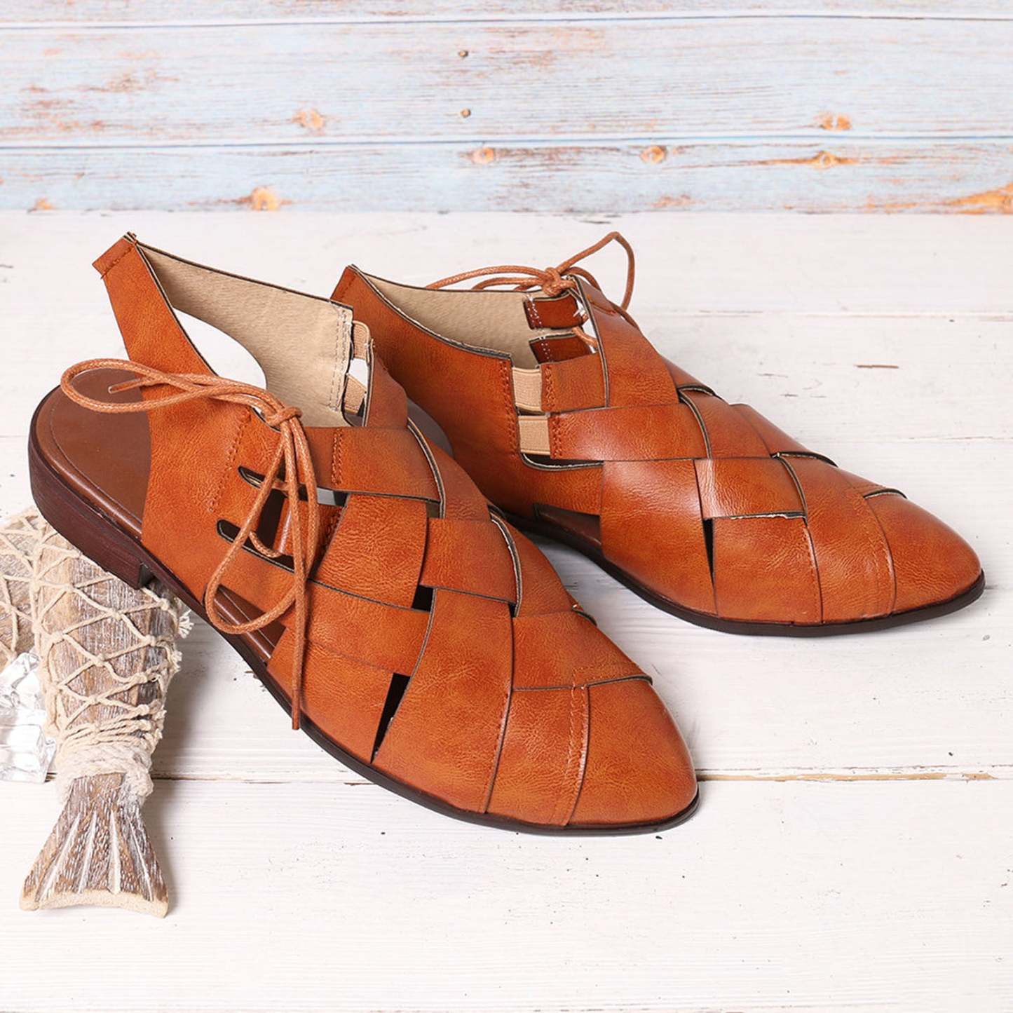 Women's Casual Hollow Side Lace Up Leather Woven Back Low Heel Roman Sandals