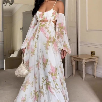 Women's Fashion Print Home Sexy Backless Sexy Elegant  Maxi Dress