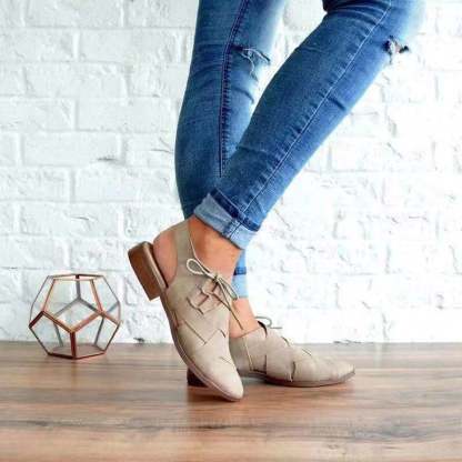 Women's Casual Hollow Side Lace Up Leather Woven Back Low Heel Roman Sandals