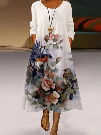 Plus Size Casual Dress, Women's Plus Painting Print Button Decor Half Sleeve Round Neck Maxi Dress