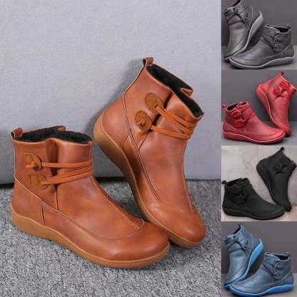 Women Faux Leather Lace Up Low Heel Flat Ankle Boots Plush Liner Warm Shoes