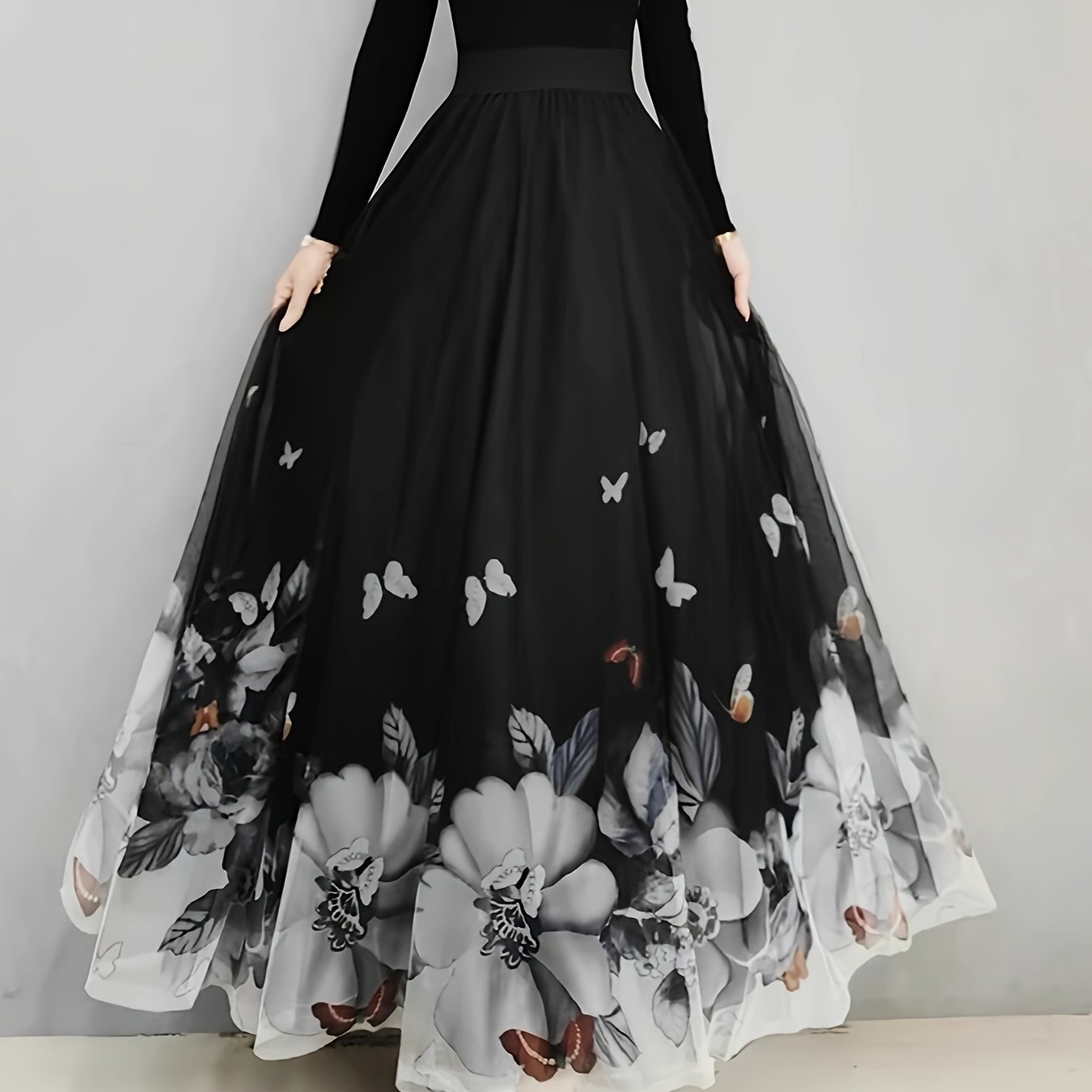 Floral & Butterfly Print High Waist Skirt, Elegant Ruffle Hem Flowy Maxi Skirt, Women's Clothing