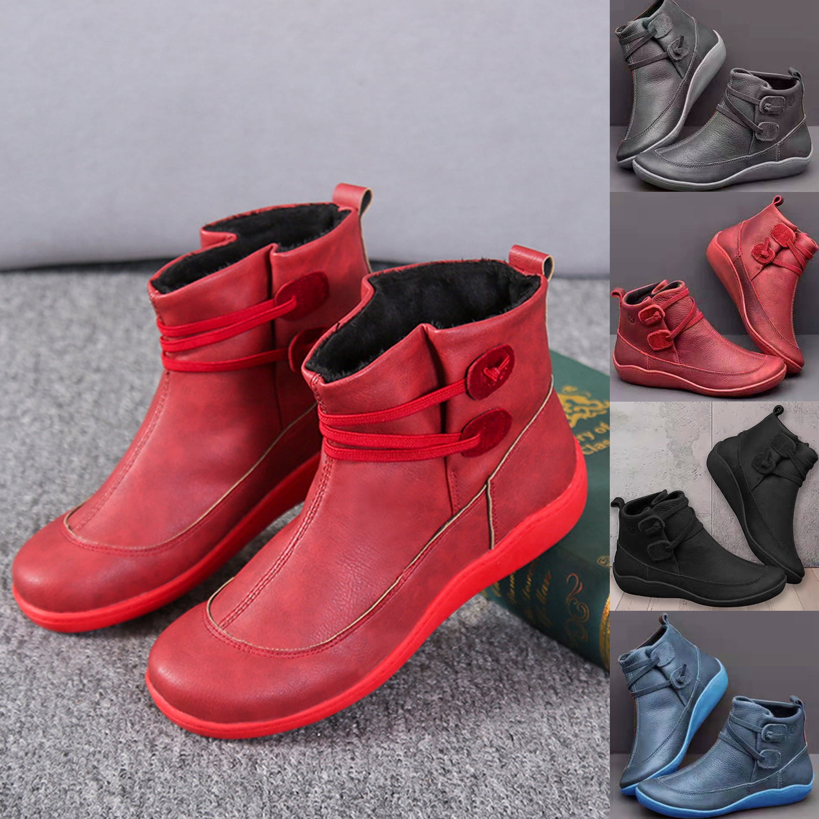 Women Faux Leather Lace Up Low Heel Flat Ankle Boots Plush Liner Warm Shoes