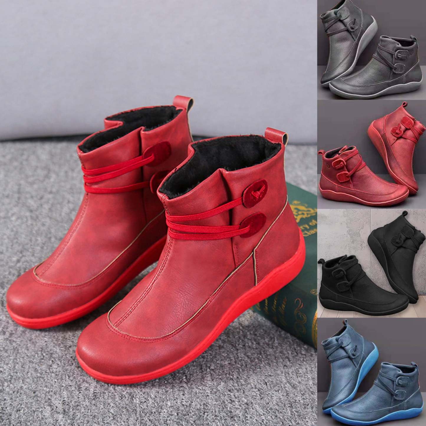 Women Faux Leather Lace Up Low Heel Flat Ankle Boots Plush Liner Warm Shoes