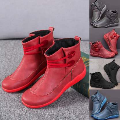 Women Faux Leather Lace Up Low Heel Flat Ankle Boots Plush Liner Warm Shoes