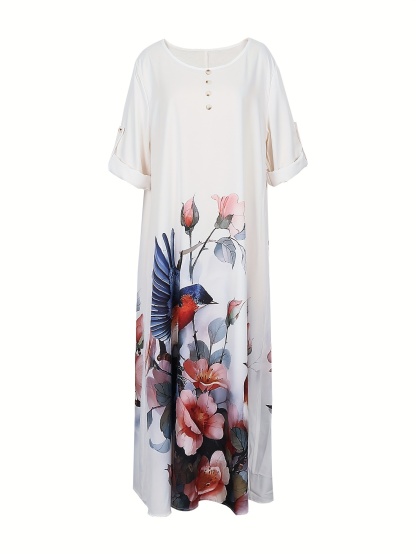 Plus Size Casual Dress, Women's Plus Painting Print Button Decor Half Sleeve Round Neck Maxi Dress
