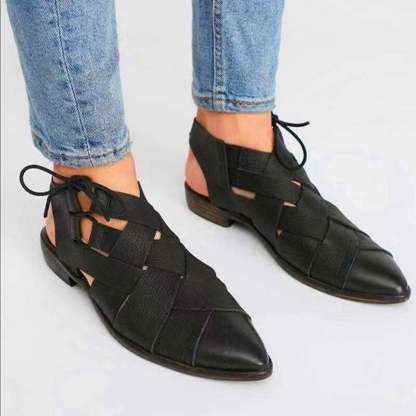Women's Casual Hollow Side Lace Up Leather Woven Back Low Heel Roman Sandals