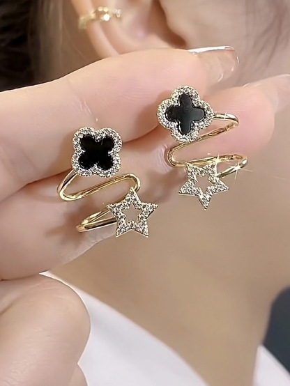 s925 silver needle black four-leaf clover fashionable and simple earrings