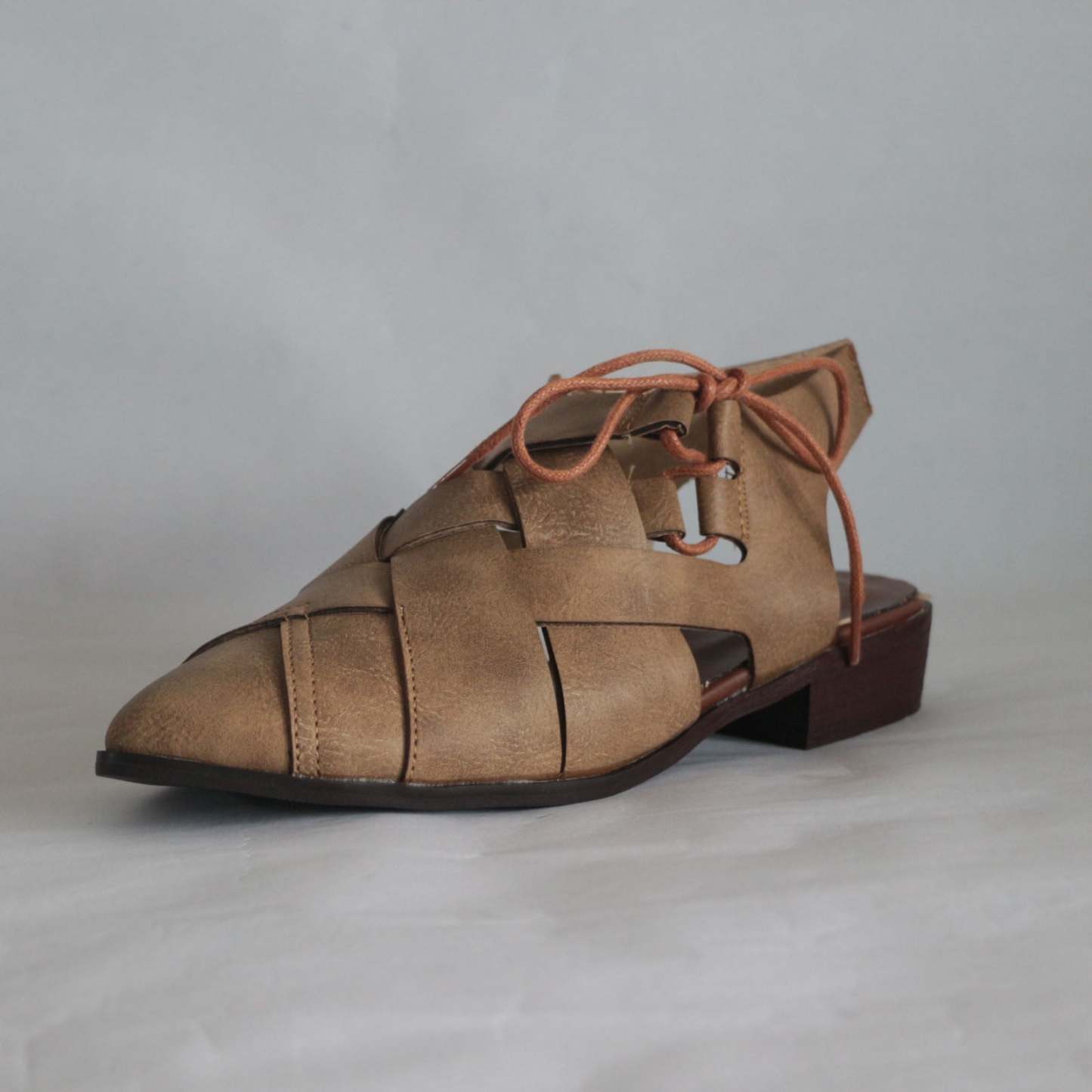 Women's Casual Hollow Side Lace Up Leather Woven Back Low Heel Roman Sandals