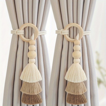 2pcs Bohemian Style Handmade Tassel Curtain Tiebacks with Wooden Beads - Polyester Boho Window Drape Holdbacks for Home Decoration