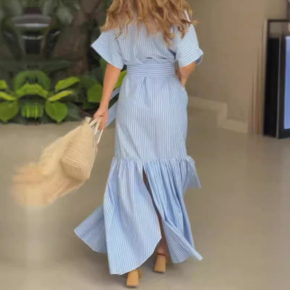 Women's Fashion Temperament Striped Lapel Midi Dress
