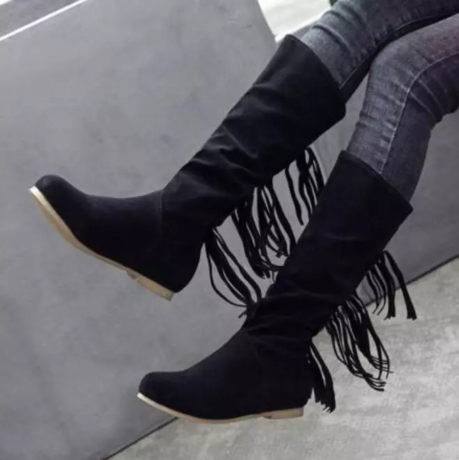 Women's round toe European and American women's leather boots sleeve tassel boots thick waterproof high heel women's shoes
