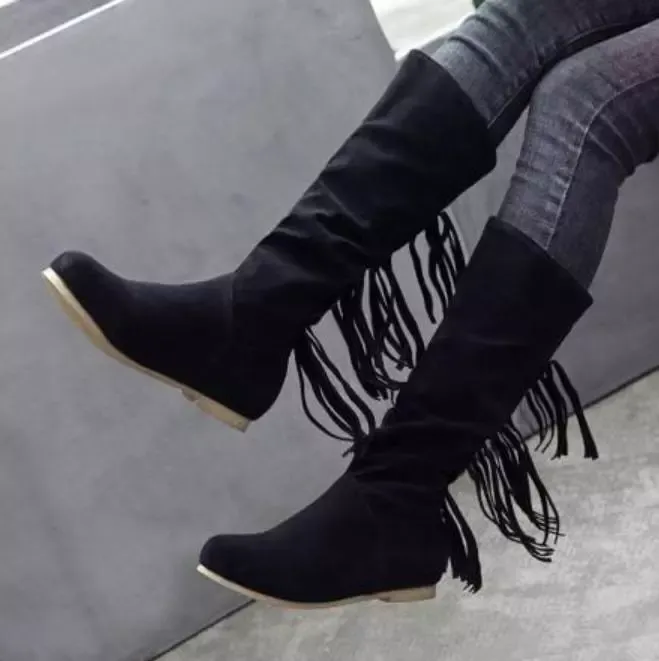 Women's round toe European and American women's leather boots sleeve tassel boots thick waterproof high heel women's shoes