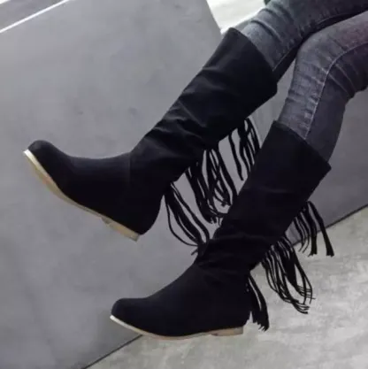 Women's round toe European and American women's leather boots sleeve tassel boots thick waterproof high heel women's shoes