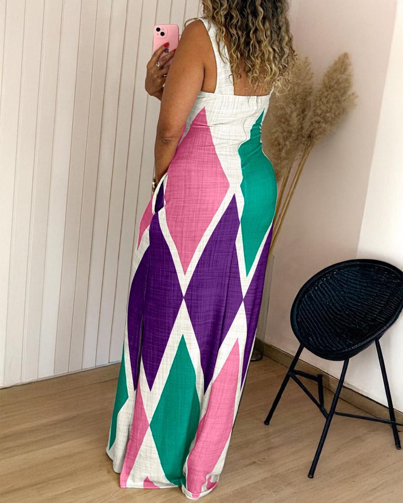 Geometric Print Thick Strap Dress Casual Slim Fit Slit Maxi Dress with Pockets