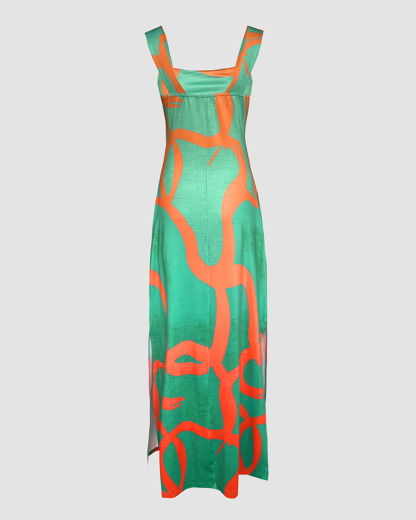 Geometric Print Thick Strap Dress Casual Slim Fit Slit Maxi Dress with Pockets