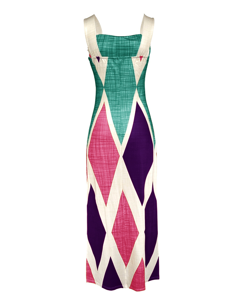 Geometric Print Thick Strap Dress Casual Slim Fit Slit Maxi Dress with Pockets