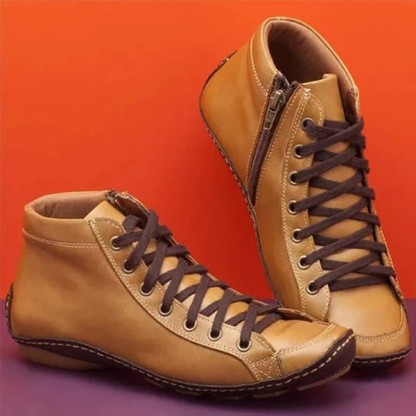 New 2025 Women'S Round-Toe Casual Women'S Leather Boots High Heels Front Lace Martin Boots Shock Absorbing Low Heels Women'S Shoes