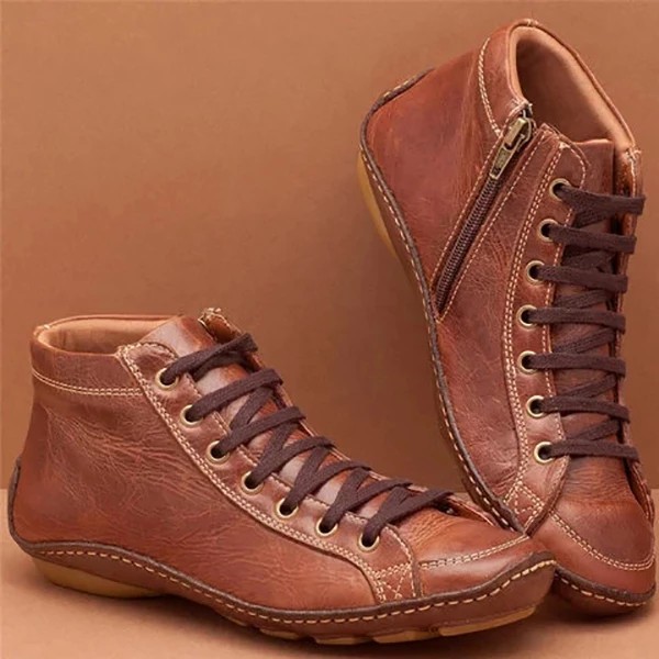 New 2025 Women'S Round-Toe Casual Women'S Leather Boots High Heels Front Lace Martin Boots Shock Absorbing Low Heels Women'S Shoes