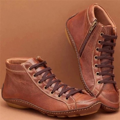 New 2025 Women'S Round-Toe Casual Women'S Leather Boots High Heels Front Lace Martin Boots Shock Absorbing Low Heels Women'S Shoes