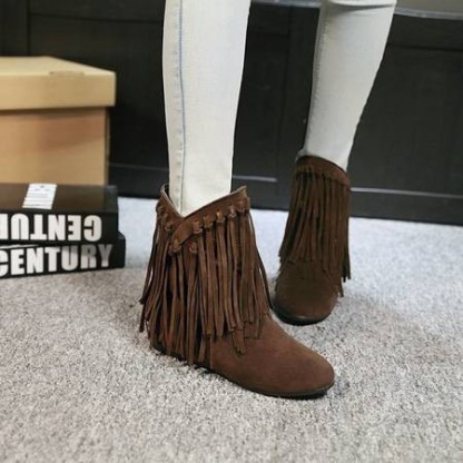 Women's round head artificial PU casual women's leather boots sleeves tassel boots thickened high and low heels women's shoes origin source