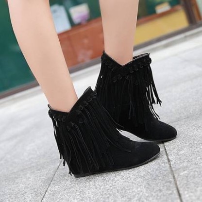Women's round head artificial PU casual women's leather boots sleeves tassel boots thickened high and low heels women's shoes origin source