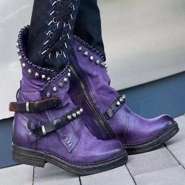 New women's round head European and American ladies' leather boots side zipper Martin boots thick heels wear-resistant low heels women's shoes