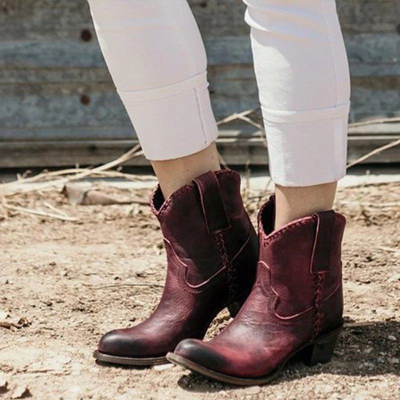Women'S Round Head Artificial Pu Retro Women'S Leather Boots Side Zipp
