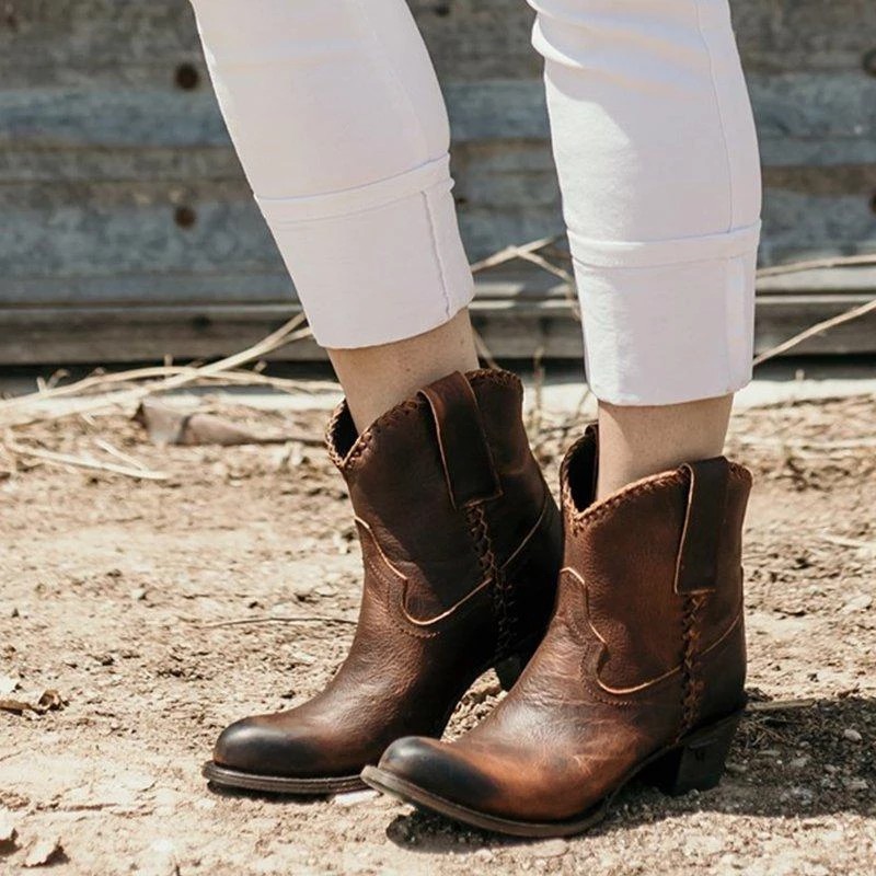 Women'S Round Head Artificial Pu Retro Women'S Leather Boots Side Zipper Knight Boots Thick Warm Medium Heel Women'S Shoes Origin Source