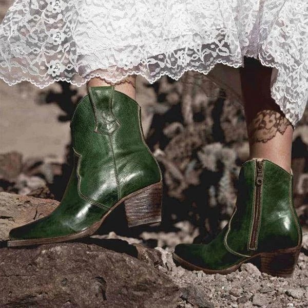 New women's round toe ethnic women's leather boots side zipper knight boots thick high heel women's shoes