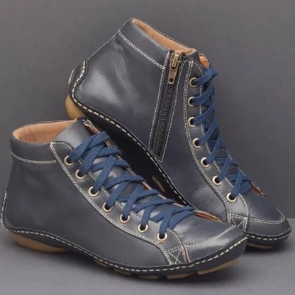 New 2025 Women'S Round-Toe Casual Women'S Leather Boots High Heels Front Lace Martin Boots Shock Absorbing Low Heels Women'S Shoes