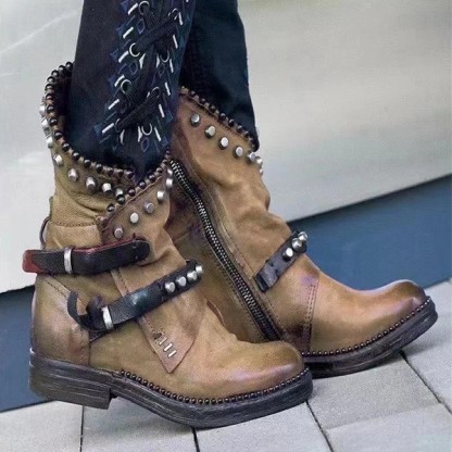 New women's round head European and American ladies' leather boots side zipper Martin boots thick heels wear-resistant low heels women's shoes