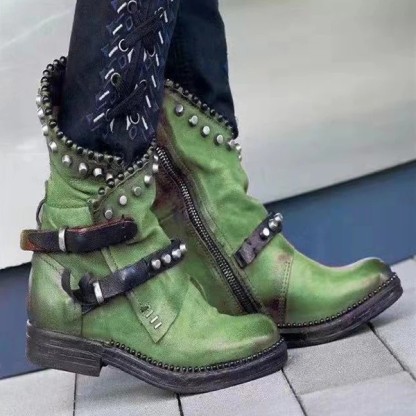 New women's round head European and American ladies' leather boots side zipper Martin boots thick heels wear-resistant low heels women's shoes