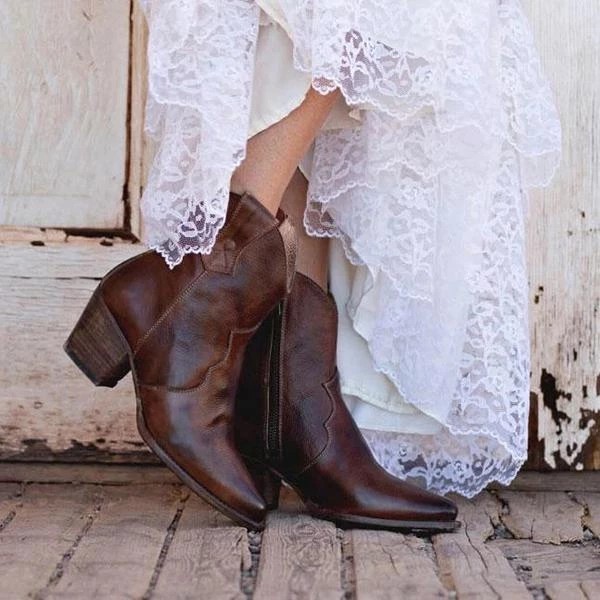 New women's round toe ethnic women's leather boots side zipper knight boots thick high heel women's shoes