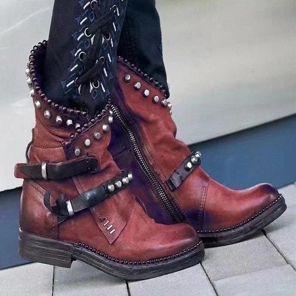 New women's round head European and American ladies' leather boots side zipper Martin boots thick heels wear-resistant low heels women's shoes