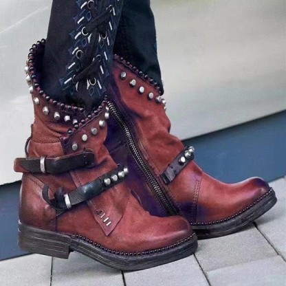 New women's round head European and American ladies' leather boots side zipper Martin boots thick heels wear-resistant low heels women's shoes