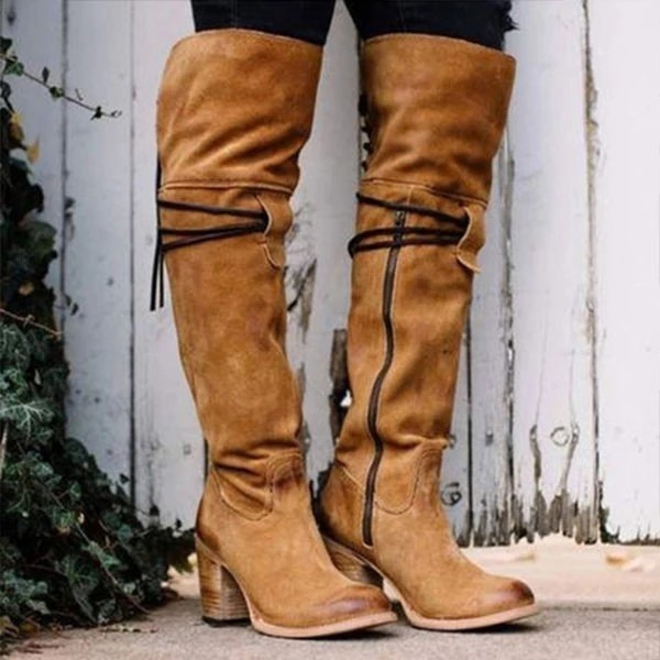 Women's round toe thick heel European and American women's leather boots side zipper fashion boots thick shock-absorbing high heels